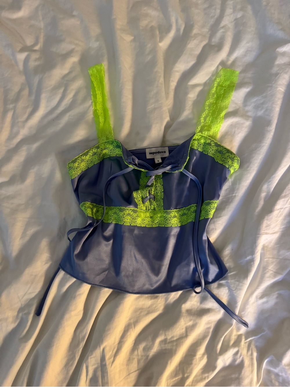 Superdown Lavender Satin  Camisole with Neon Green Lace